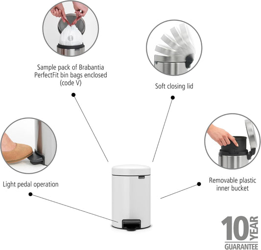 Brabantia NewIcon Pedal Bin 5L White with Removable Plastic Inner Bucket, Soft-Close Lid