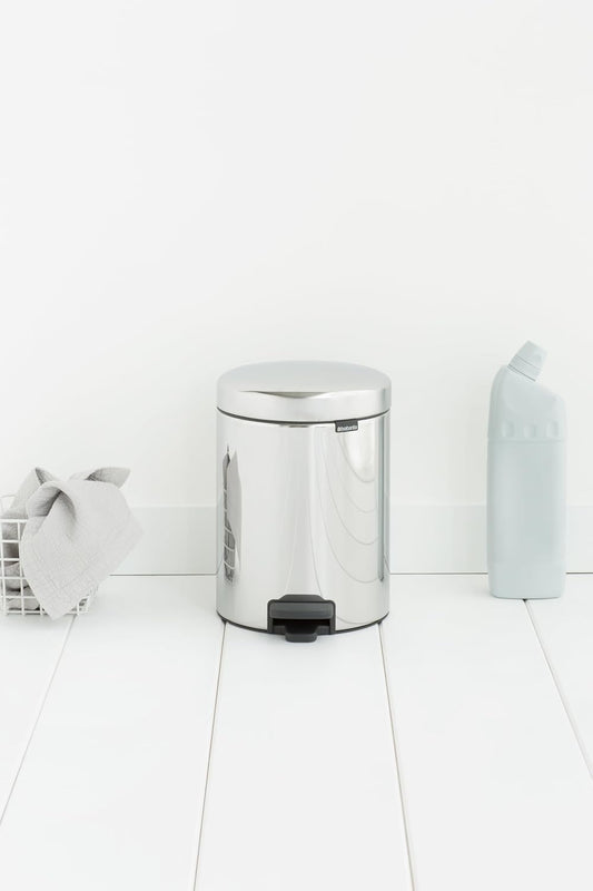 Brabantia NewIcon Pedal Bin 5L Brilliant Steel with Removable Plastic Inner Bucket, Soft-Close Lid
