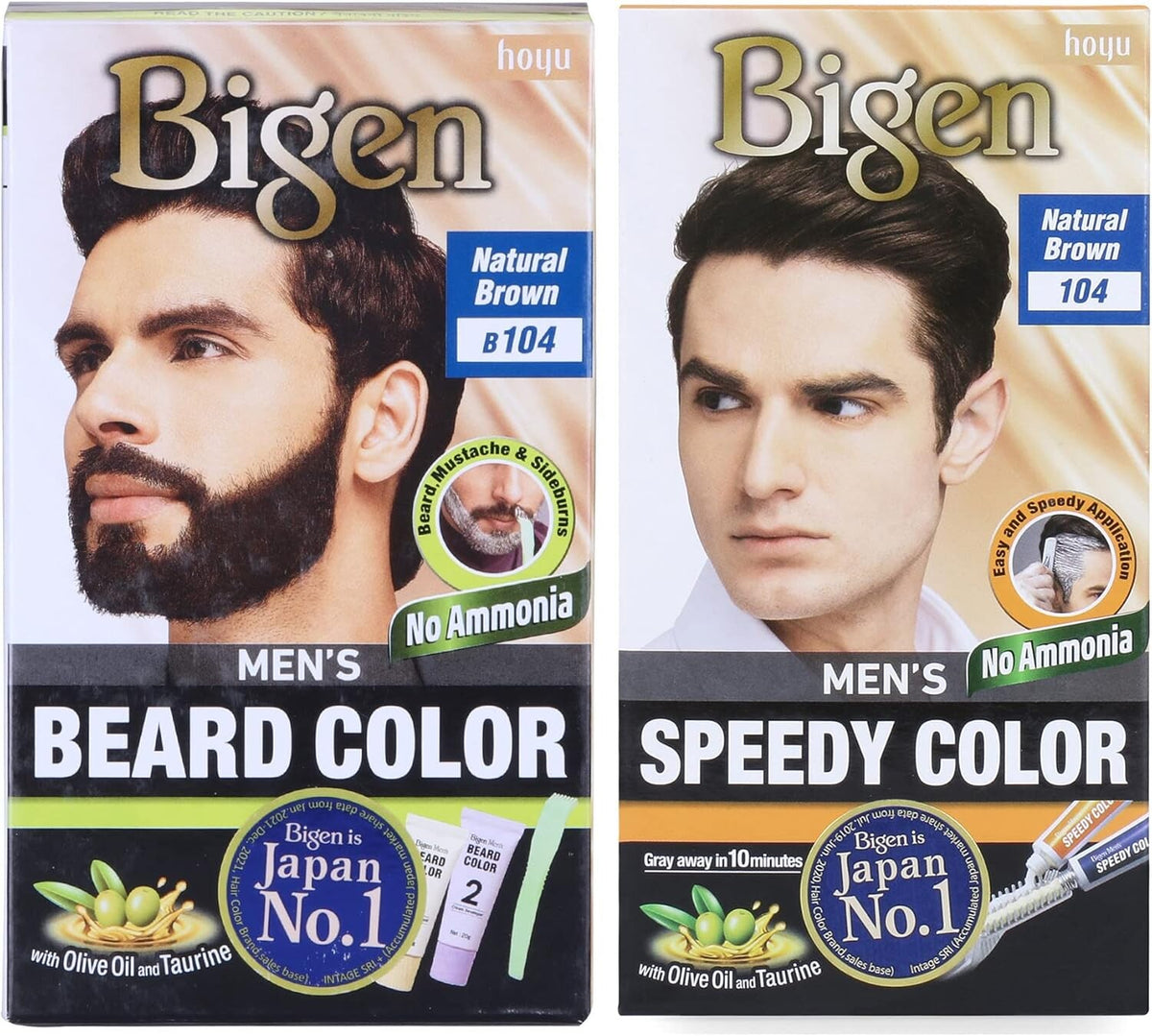 Bigen Beard Color B104 Natural Brown & Men’s Speedy Hair Color 104 Natural Brown, Pack of 2
