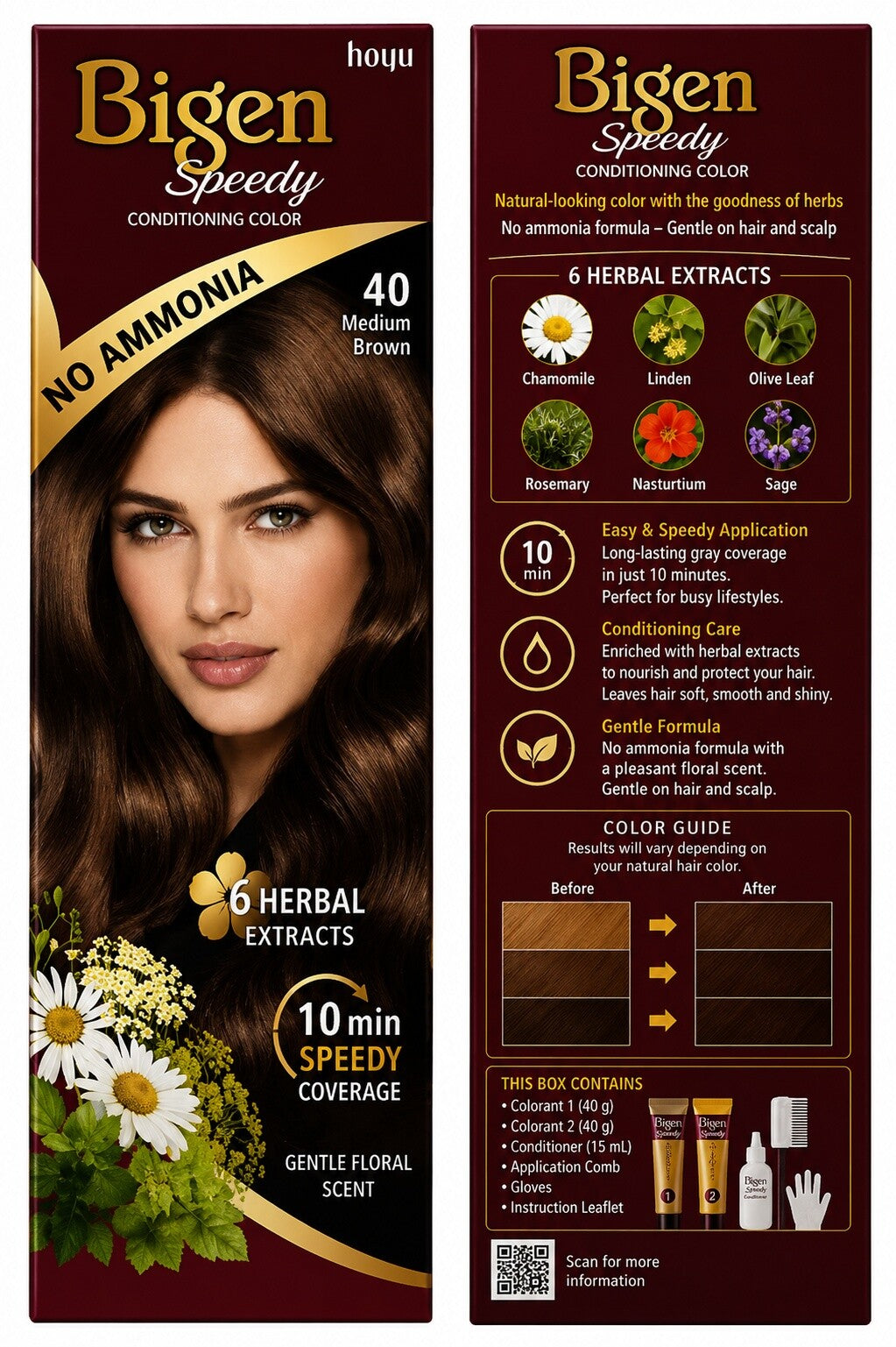 Bigen Speedy Conditioning Hair Color Medium Brown No. 40, No Ammonia, Gentle Floral Scent, Fast Grey Coverage