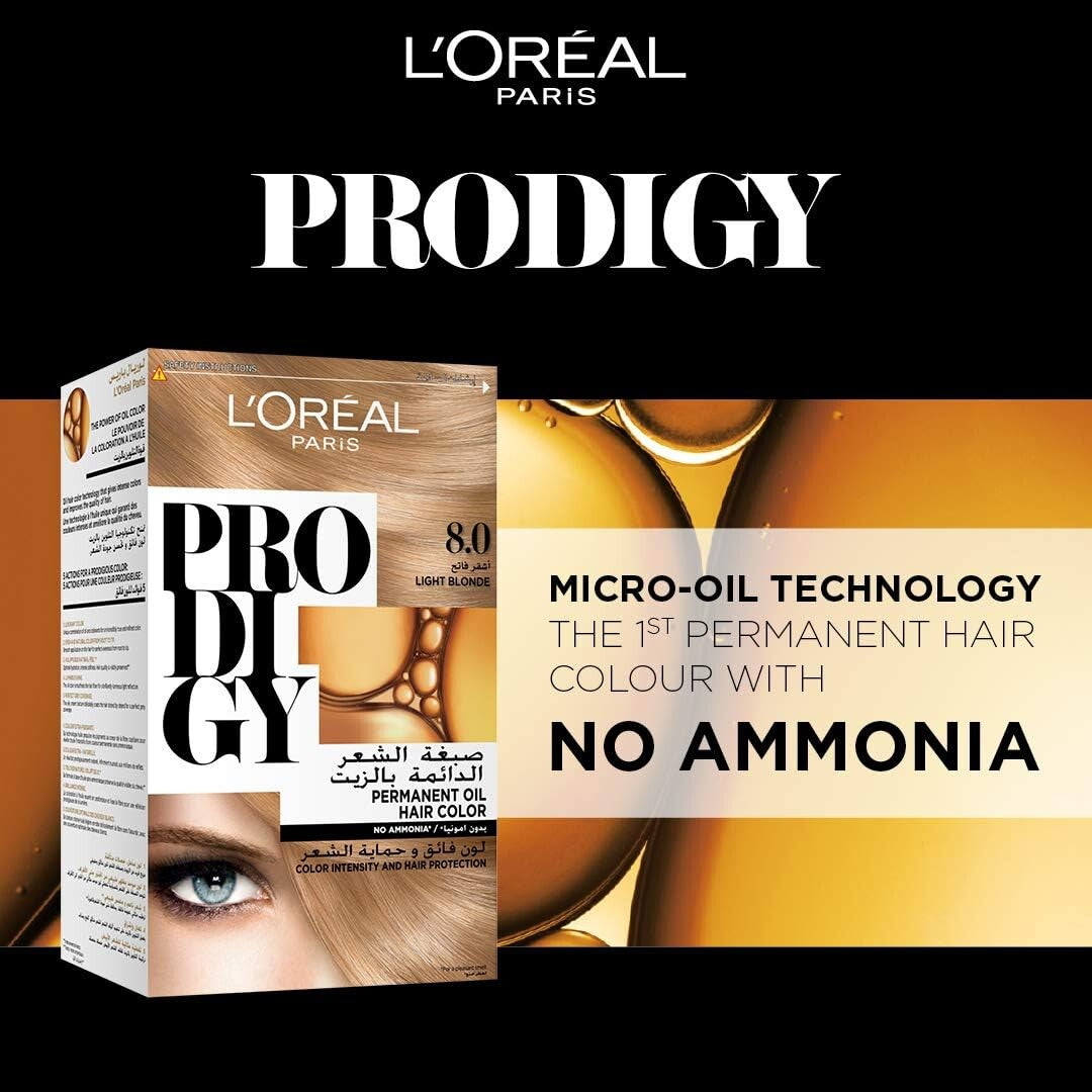 L’Oréal Paris Prodigy Permanent Oil Hair Color 8.0 Light Blonde, Ammonia-Free, Grey Coverage, Pack of 2
