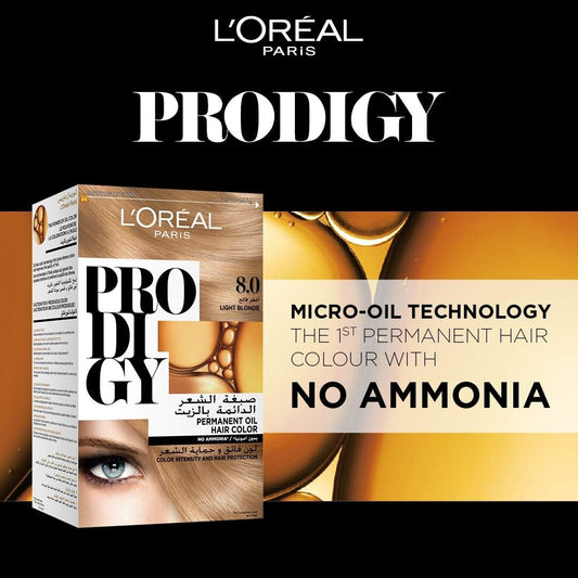 L’Oréal Paris Prodigy Permanent Oil Hair Color 8.0 Light Blonde, Ammonia-Free, Grey Coverage, Pack of 2