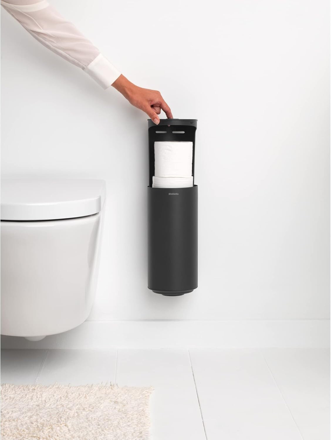 Brabantia MindSet Toilet Roll Dispenser Mineral Infinite Grey, Holds 2 Spare Rolls, Smart Lift System, Wall-Mount or Freestan