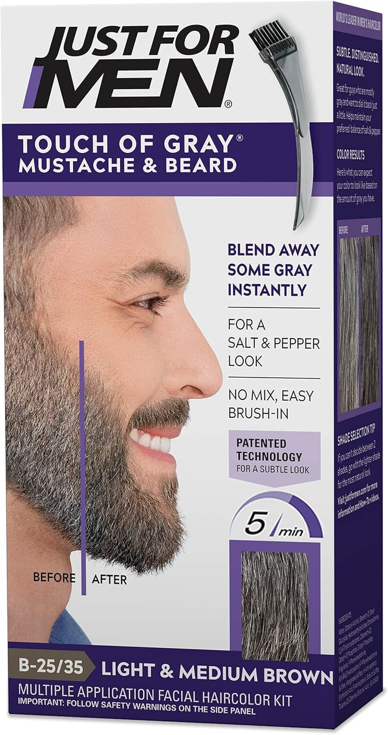 Just For Men Touch of Gray Mustache & Beard Colour B-25/35 Light & Medium Brown with Application Brush, Pack of 2