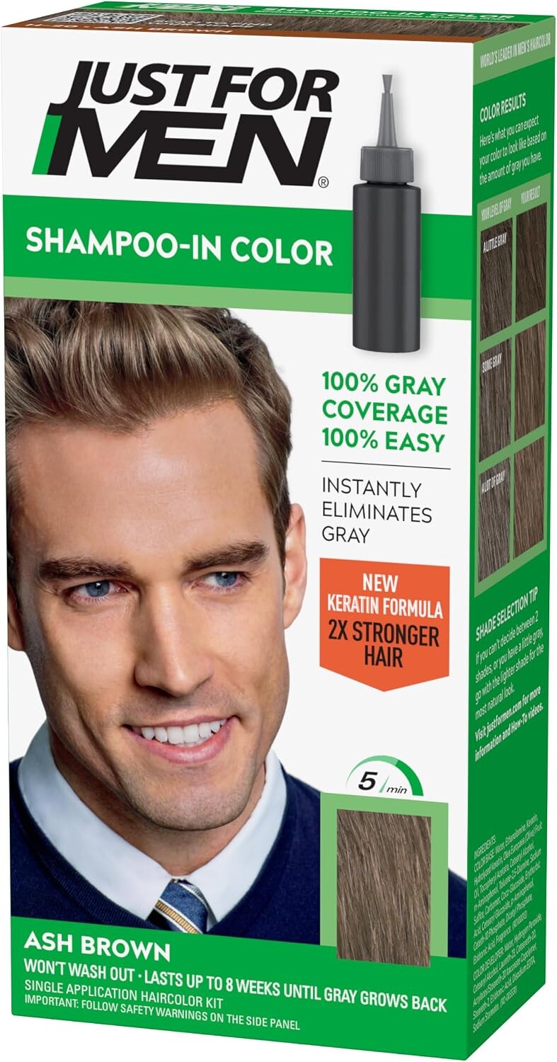 Just For Men Shampoo-In Hair Colour H-20 Ash Brown with Keratin and Vitamin E, Men’s Grey Hair Dye, Pack of 1