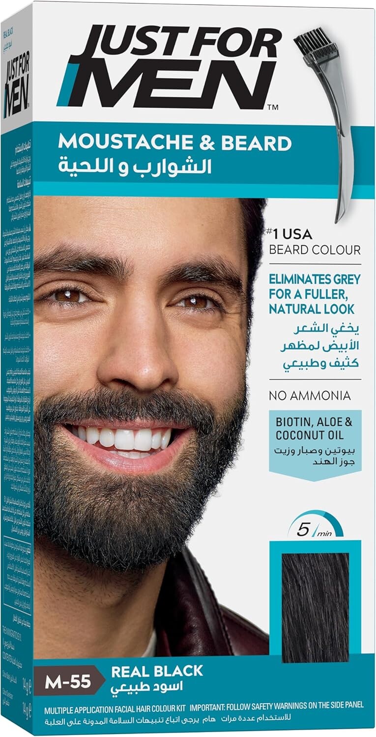 Just For Men Moustache & Beard Dye M55 Real Black, Men’s Facial Hair Colour for Grey Coverage