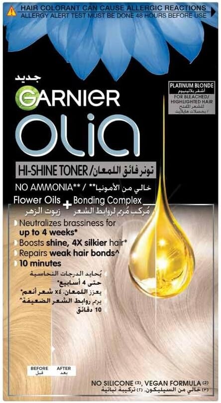 Garnier Olia Hi-Shine Toner No Ammonia for Bleached/Highlighted Hair, Platinum Blonde, Vegan Formula, No Silicone, Flower Oils + Bonding Complex, Neutralized brassiness for up to 4 weeks, 75g
