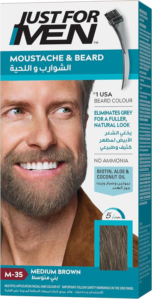 Just For Men Moustache & Beard Dye M-35 Medium Brown, Grey Hair Colour for Facial Hair, Pack of 2