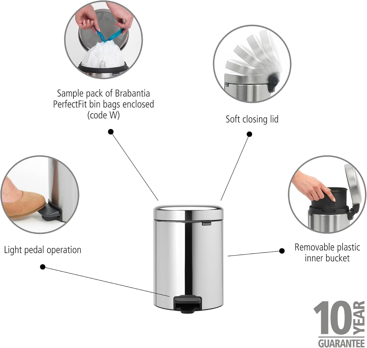 Brabantia NewIcon Pedal Bin 5L Brilliant Steel with Removable Plastic Inner Bucket, Soft-Close Lid