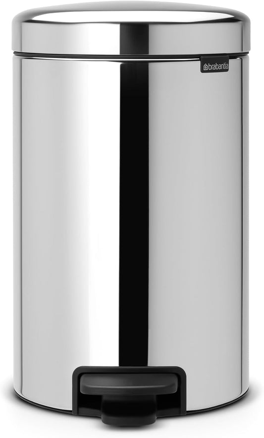 Brabantia NewIcon Pedal Bin 12L Brilliant Steel with Removable Plastic Inner Bucket, Soft-Close Lid