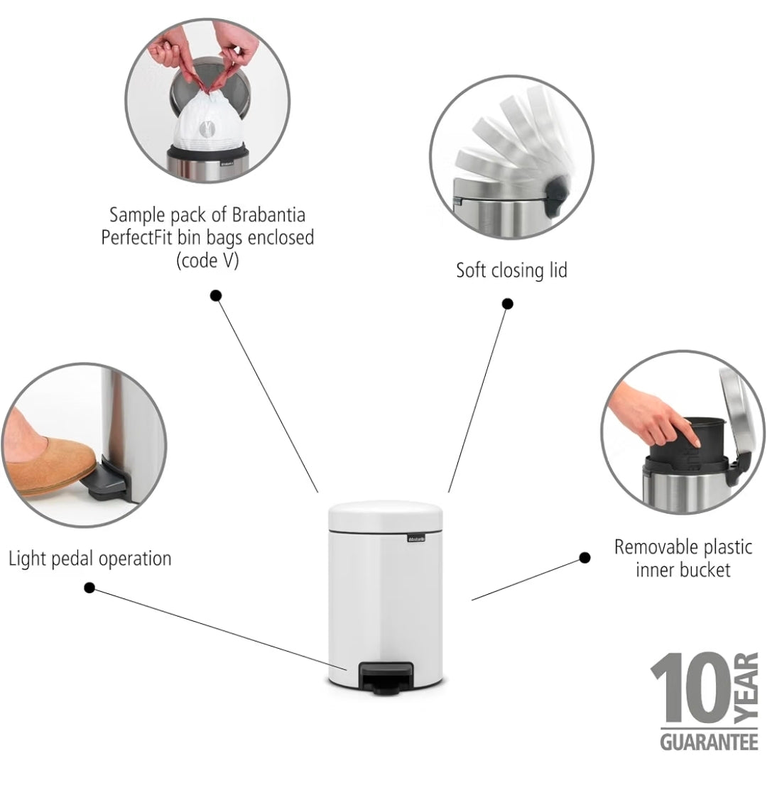 Brabantia  Pedal Bin Newicon With Plastic Inner Bucket, 3 Litre White