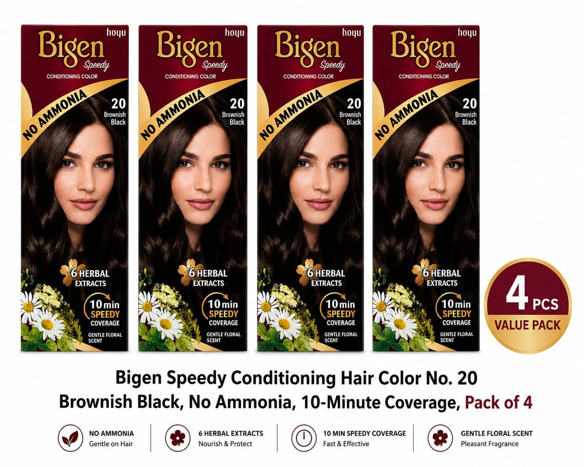 Bigen Speedy Conditioning Hair Color No. 20 Brownish Black,  No Ammonia, 10-Minute Coverage,  (Pack of 4)