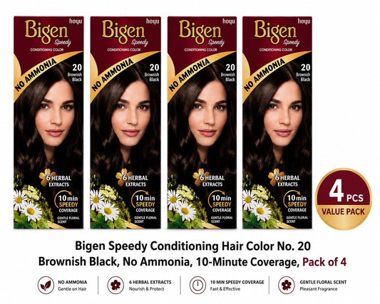 Bigen Speedy Conditioning Hair Color No. 20 Brownish Black,  No Ammonia, 10-Minute Coverage,  (Pack of 4)