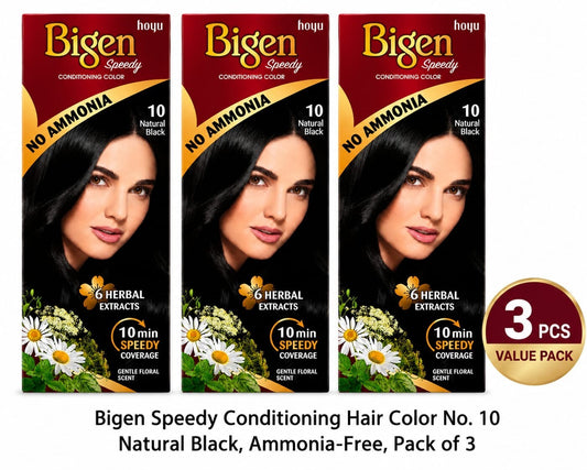 Bigen Speedy Conditioning Hair Color No. 10 Natural Black, Ammonia-Free, Pack of 3