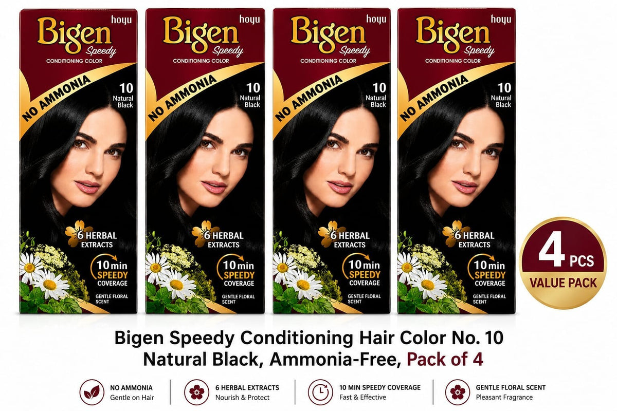 Bigen Speedy Conditioning Hair Color No. 10 Natural Black, No Ammonia, 10-Minute Coverage, Pack of 4