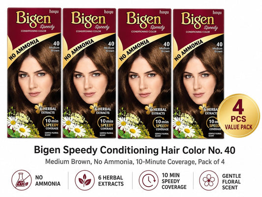 Bigen Speedy Conditioning Hair Color No. 40 Medium Brown, No Ammonia, 10-Minute Coverage, Pack of 4