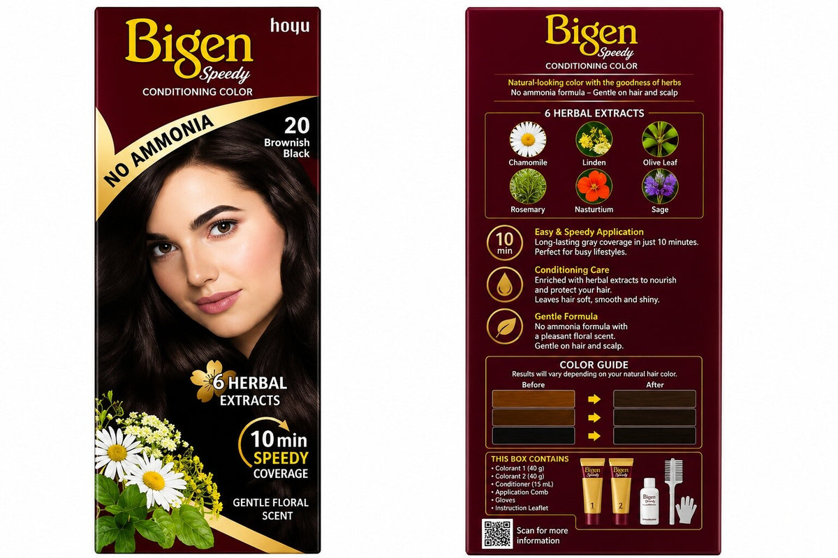 Bigen Speedy Conditioning Hair Color Brownish Black No. 20, No Ammonia, Gentle Floral Scent, Fast Grey Coverage