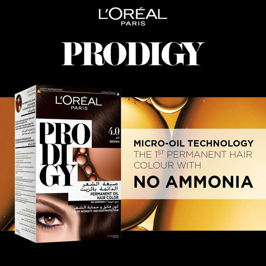 L’Oréal Paris Prodigy Permanent Oil Hair Color 4.0 Brown, Ammonia-Free, Grey Coverage