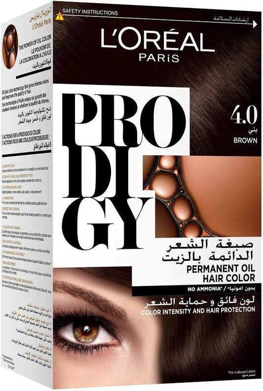 L’Oréal Paris Prodigy Permanent Oil Hair Color 4.0 Brown, Ammonia-Free, Grey Coverage