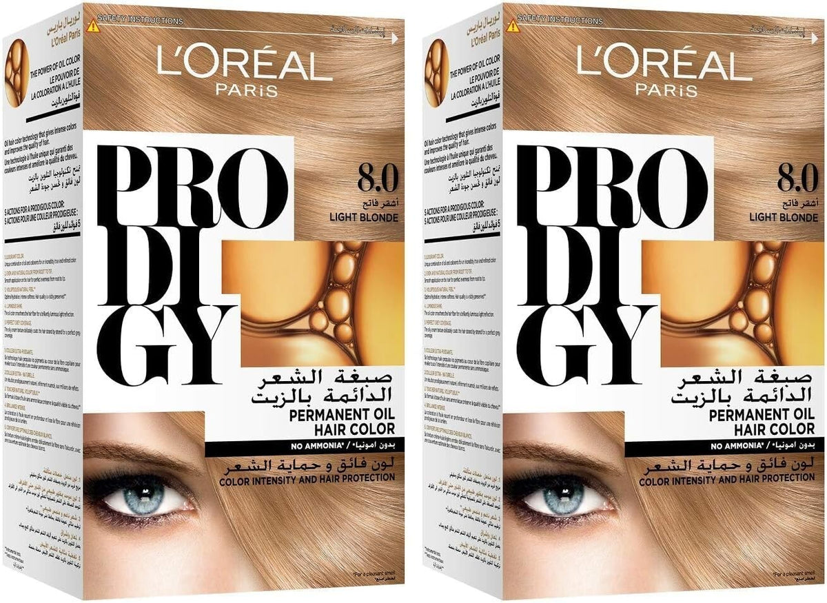 L’Oréal Paris Prodigy Permanent Oil Hair Color 8.0 Light Blonde, Ammonia-Free, Grey Coverage, Pack of 2