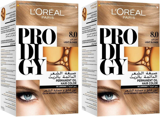L’Oréal Paris Prodigy Permanent Oil Hair Color 8.0 Light Blonde, Ammonia-Free, Grey Coverage, Pack of 2