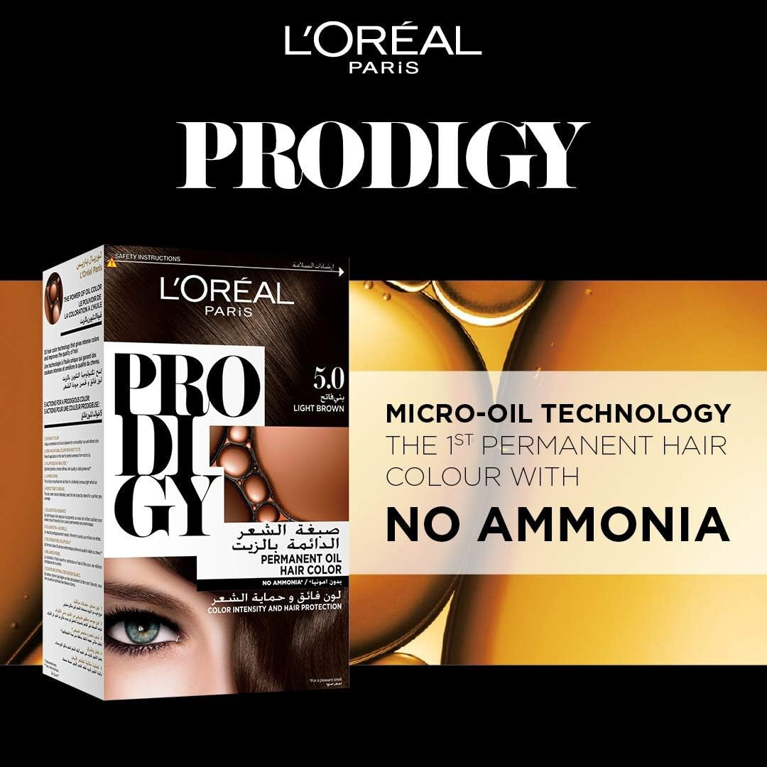 L’Oréal Paris Prodigy Hair Color 5.0 Light Brown, Micro-Oil Technology for Smooth Natural-Looking Hair & Grey Coverage