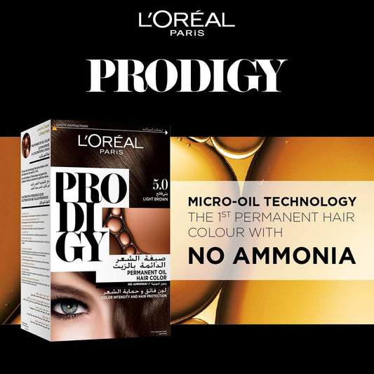 L’Oréal Paris Prodigy Hair Color 5.0 Light Brown, Micro-Oil Technology for Smooth Natural-Looking Hair & Grey Coverage
