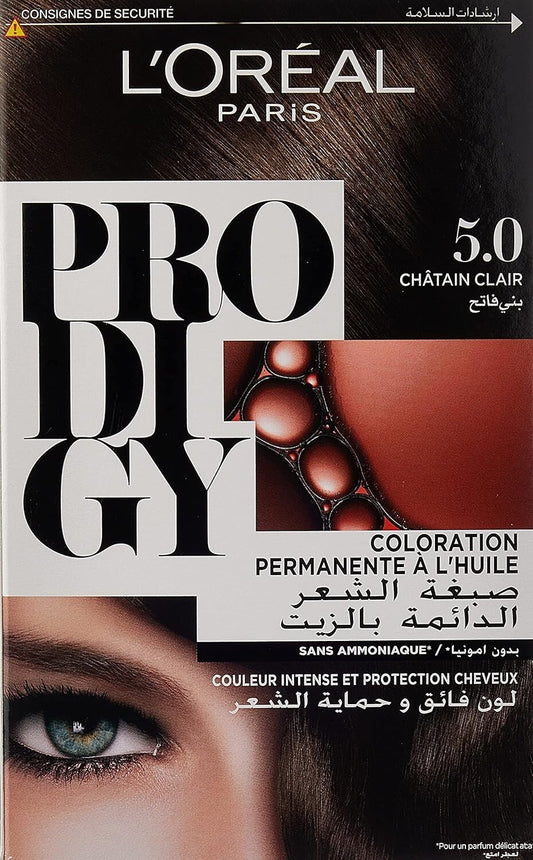L’Oréal Paris Prodigy Hair Color 5.0 Light Brown, Micro-Oil Technology for Smooth Natural-Looking Hair & Grey Coverage