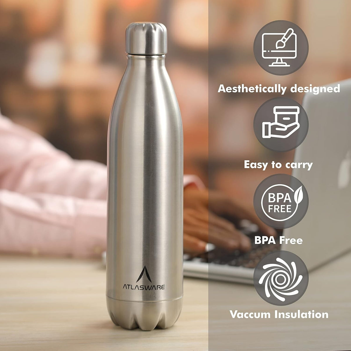 Atlasware Stainless Steel Vacuum Bottle, Double-Wall Insulated and Leak-Resistant, Matt Steel, 350 ml