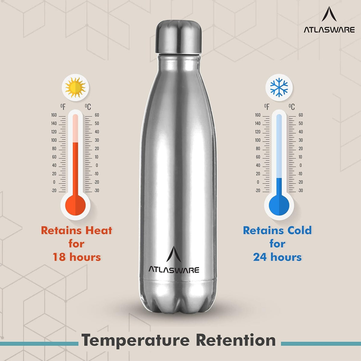 Atlasware Stainless Steel Hot & Cold Vacuum Bottle, Double-Wall Insulated and Leak-Resistant, Silver, 350 ml