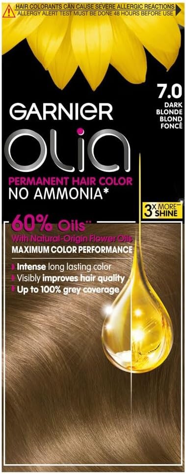 Garnier Olia Permanent Hair Dye 7.0 Dark Blonde, No Ammonia, 60% Oils, Long-Lasting Colour, Up to 100% Grey Coverage