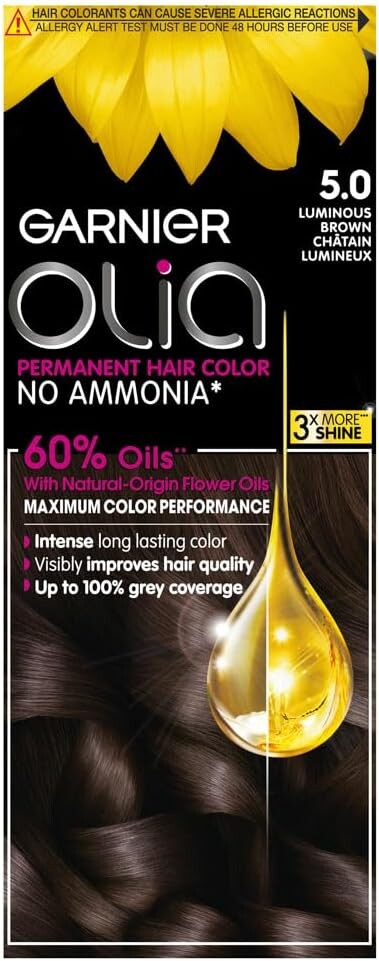 Garnier Olia Permanent Hair Dye 5.0 Luminous Brown, No Ammonia, 60% Oils, Long-Lasting Colour, Up to 100% Grey Coverage