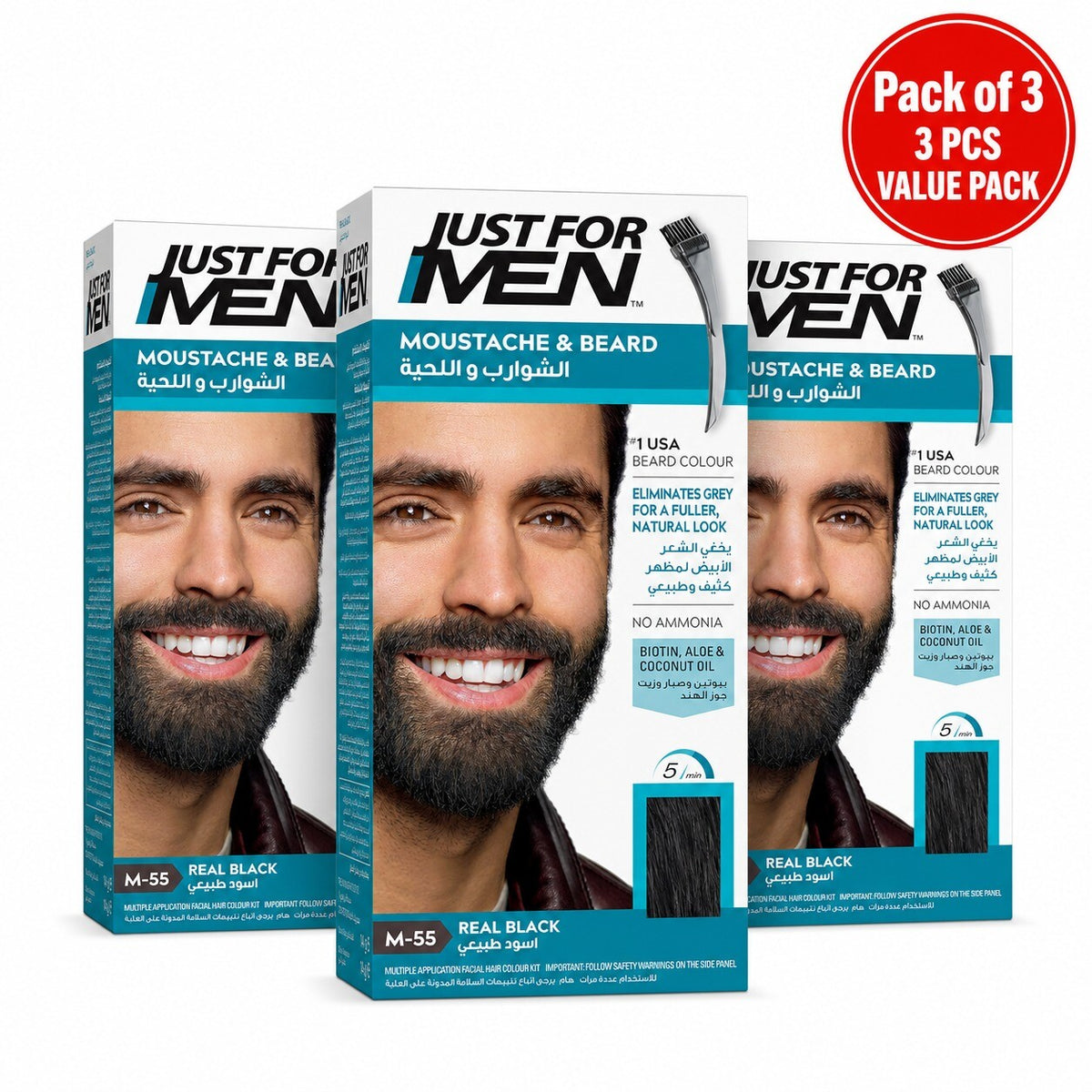 Just For Men Moustache & Beard Dye M55 Real Black, Men’s Facial Hair Colour for Grey Coverage, Pack of 3
