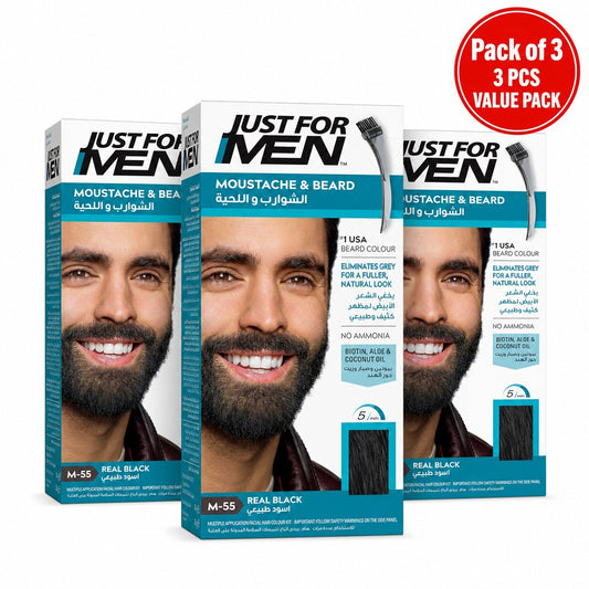 Just For Men Moustache & Beard Dye M55 Real Black, Men’s Facial Hair Colour for Grey Coverage, Pack of 3