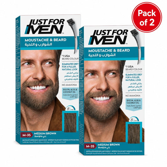 Just For Men Moustache & Beard Dye M-35 Medium Brown, Grey Hair Colour for Facial Hair, Pack of 2