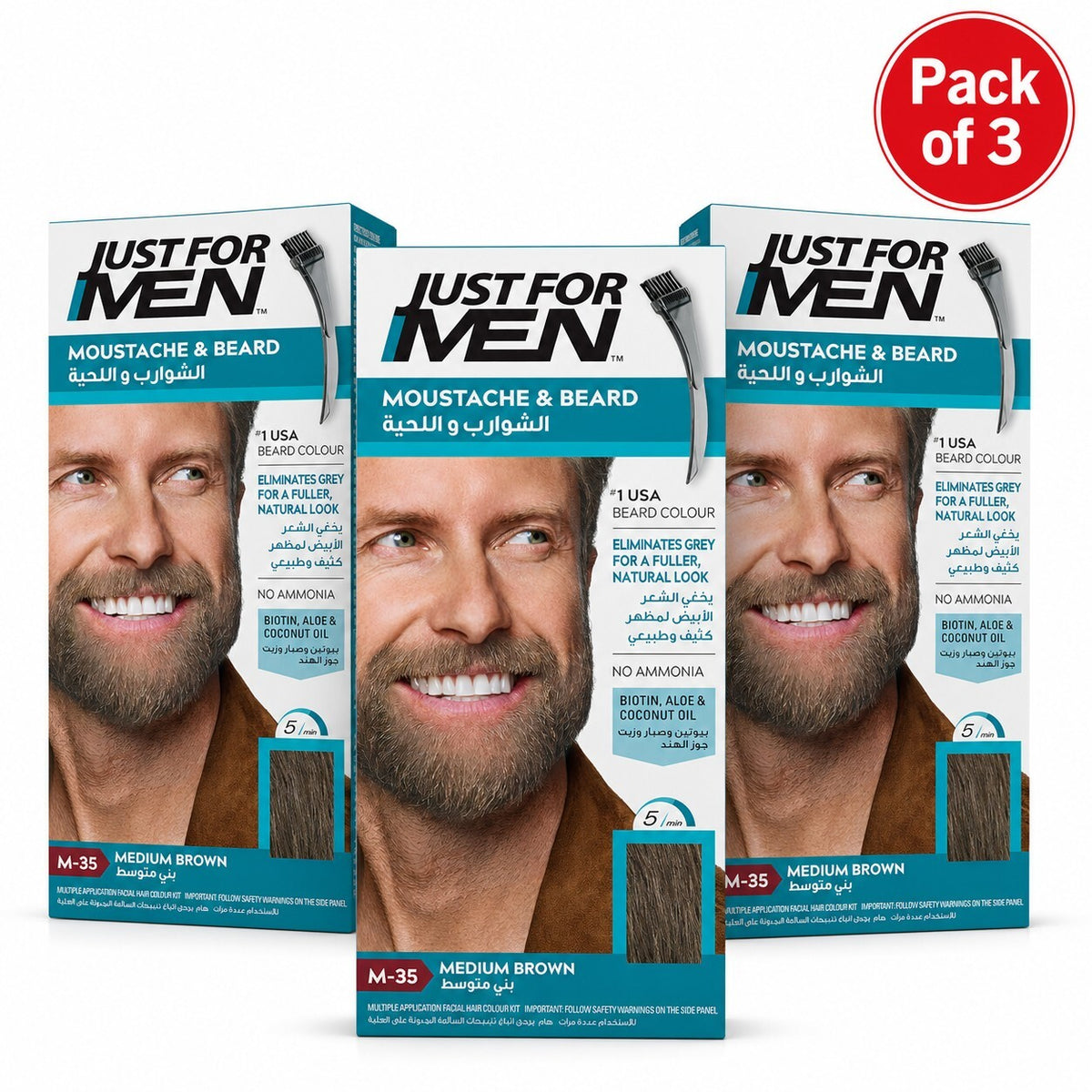 Just For Men Moustache & Beard Dye M-35 Medium Brown, Grey Hair Colour for Facial Hair, Pack of 3
