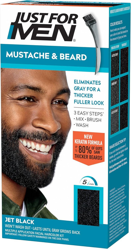 Just For Men Mustache & Beard Dye M-60 Jet Black with Application Brush, Biotin, Aloe and Coconut Oil, Pack of 1