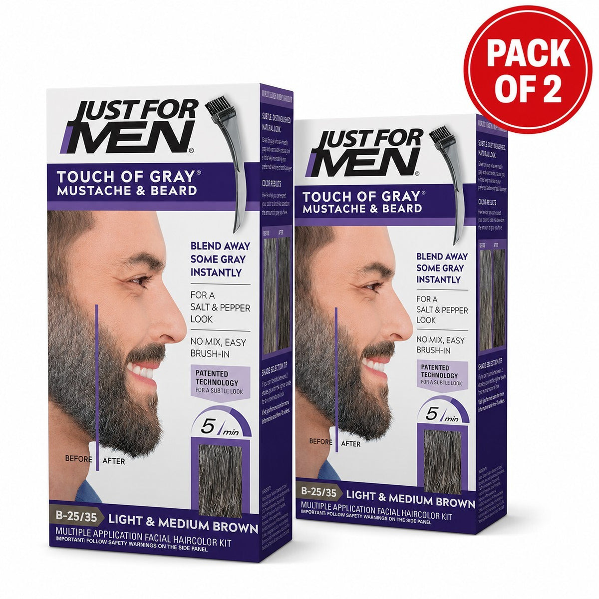 Just For Men Touch of Gray Mustache & Beard Colour B-25/35 Light & Medium Brown with Application Brush, Pack of 2