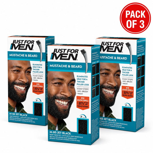 Just For Men Mustache & Beard Dye M-60 Jet Black with Application Brush, Biotin, Aloe and Coconut Oil, Pack of 3