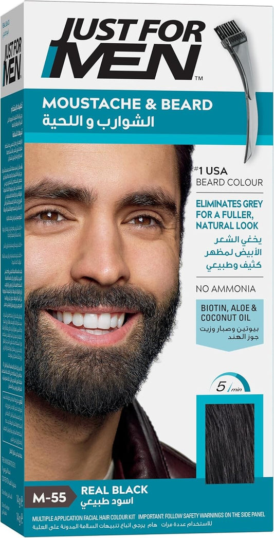 Just For Men Moustache & Beard Dye M55 Real Black, Men’s Facial Hair Colour for Grey Coverage, Pack of 2