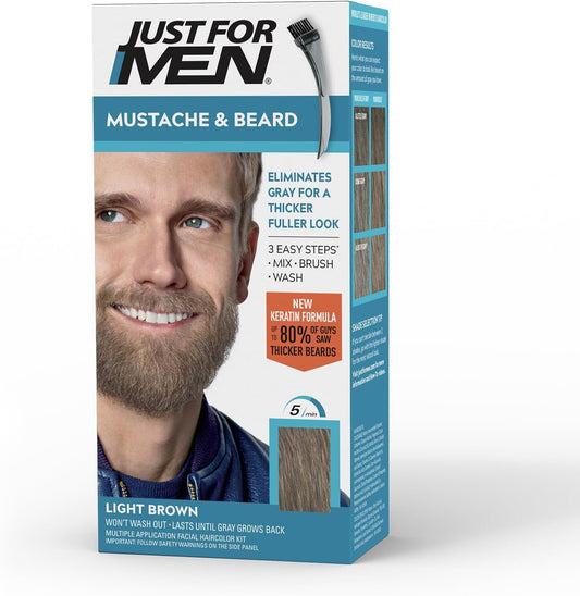 Just For Men Mustache & Beard Dye M-25 Light Brown with Application Brush, Biotin, Aloe and Coconut Oil, Pack of 3