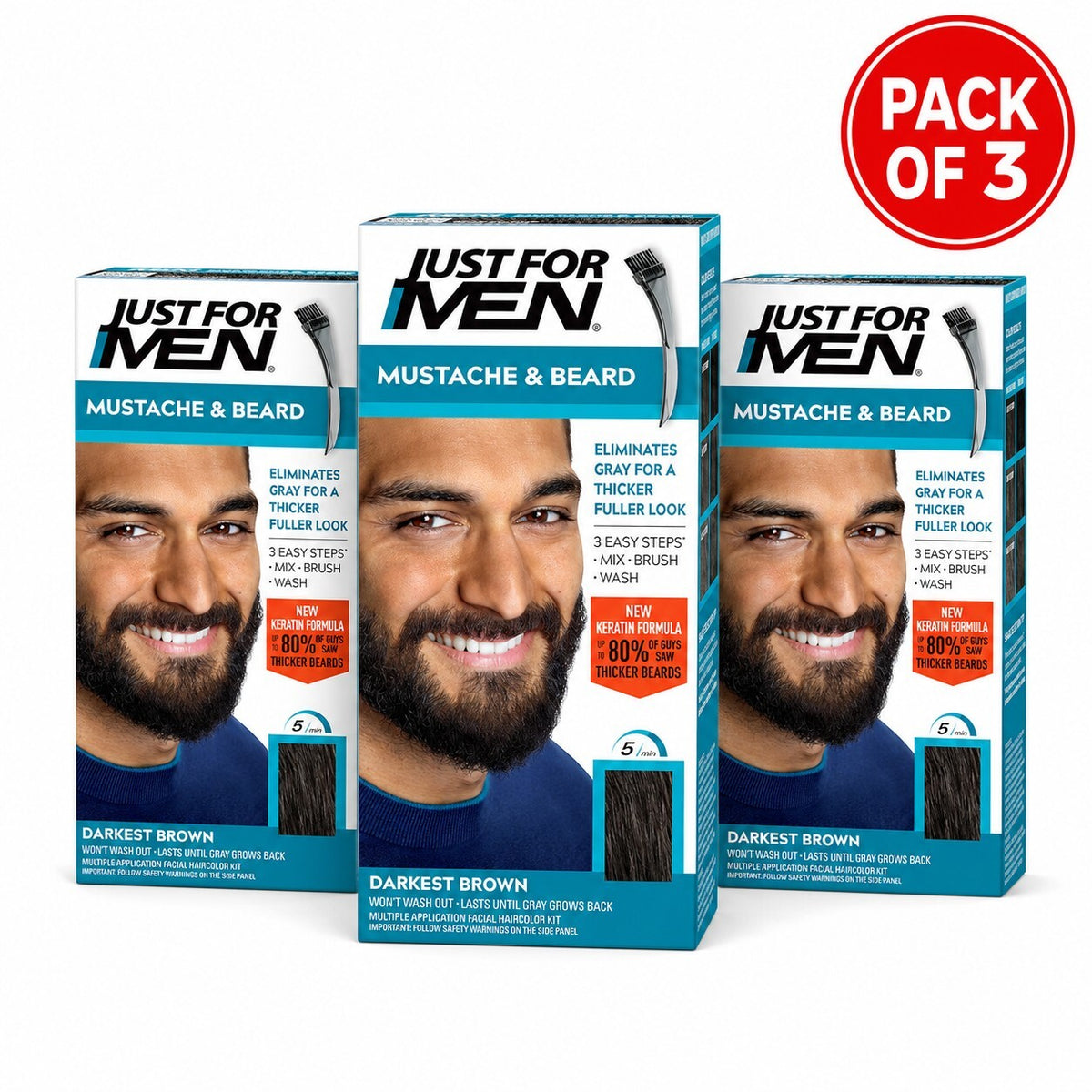 Just For Men Moustache & Beard Colour M-50 Darkest Brown, Men’s Facial Hair Dye, 14g Each, Pack of 3