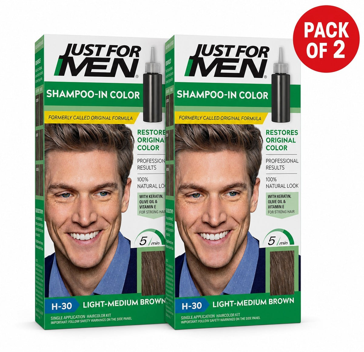 Just For Men Shampoo-In Hair Colour H-30 Light-Medium Brown with Keratin and Vitamin E, Men’s Grey Hair Colouring Kit, Pack of 2