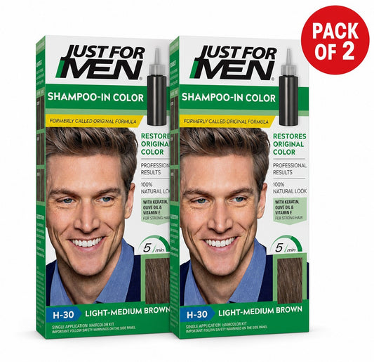Just For Men Shampoo-In Hair Colour H-30 Light-Medium Brown with Keratin and Vitamin E, Men’s Grey Hair Colouring Kit, Pack of 2