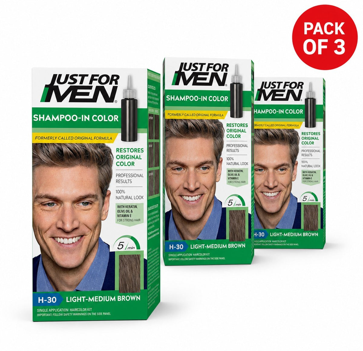 Just For Men Shampoo-In Hair Colour H-30 Light-Medium Brown with Keratin and Vitamin E, Men’s Grey Hair Colouring Kit, Pack of 3