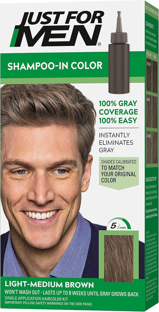Just For Men Shampoo-In Hair Colour H-30 Light-Medium Brown with Keratin and Vitamin E, Men’s Grey Hair Colouring Kit, Pack of 1