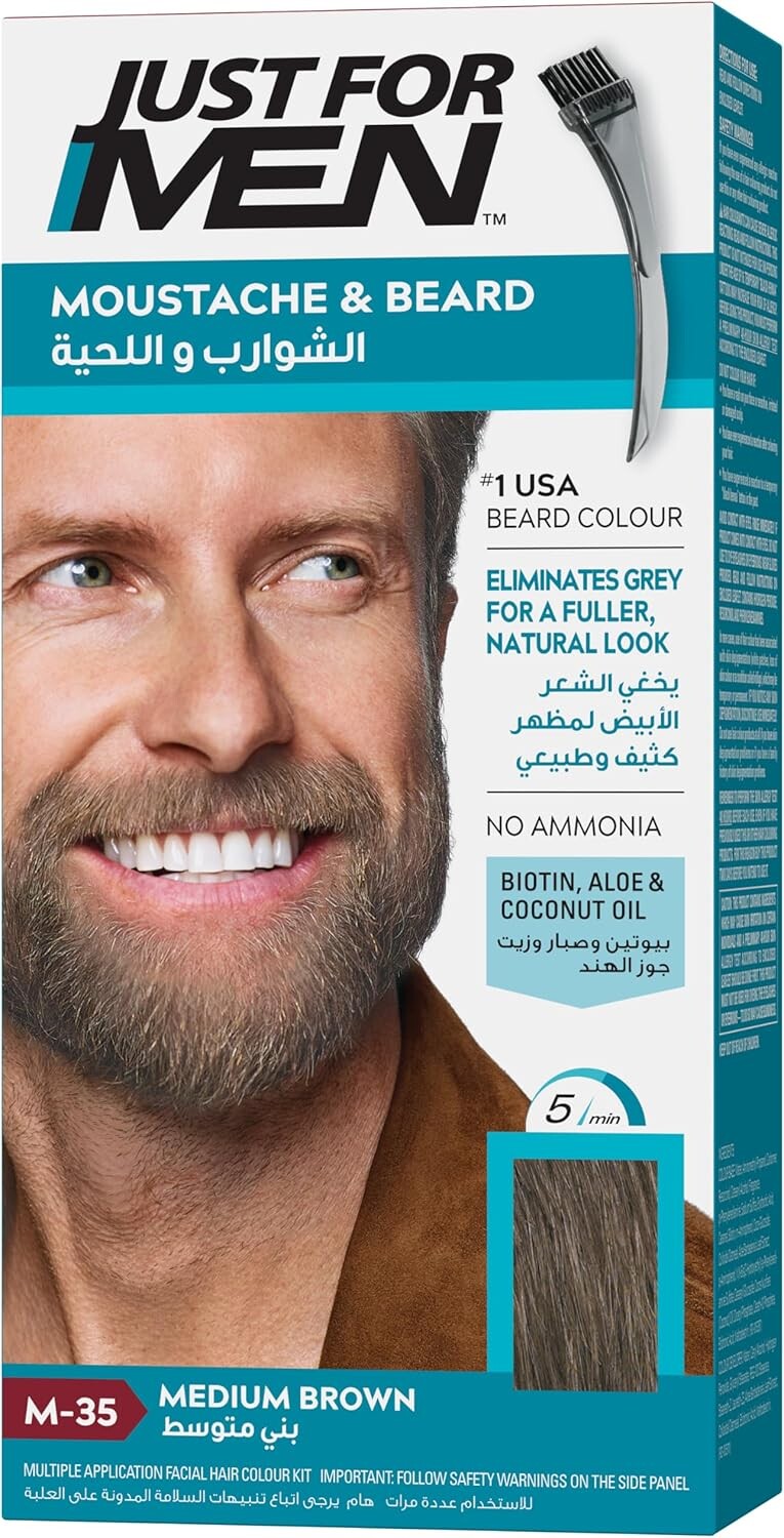 Just For Men Moustache & Beard Dye M-35 Medium Brown, Grey Hair Colour for Facial Hair