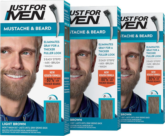 Just For Men Mustache & Beard Dye M-25 Light Brown with Application Brush, Biotin, Aloe and Coconut Oil, Pack of 3