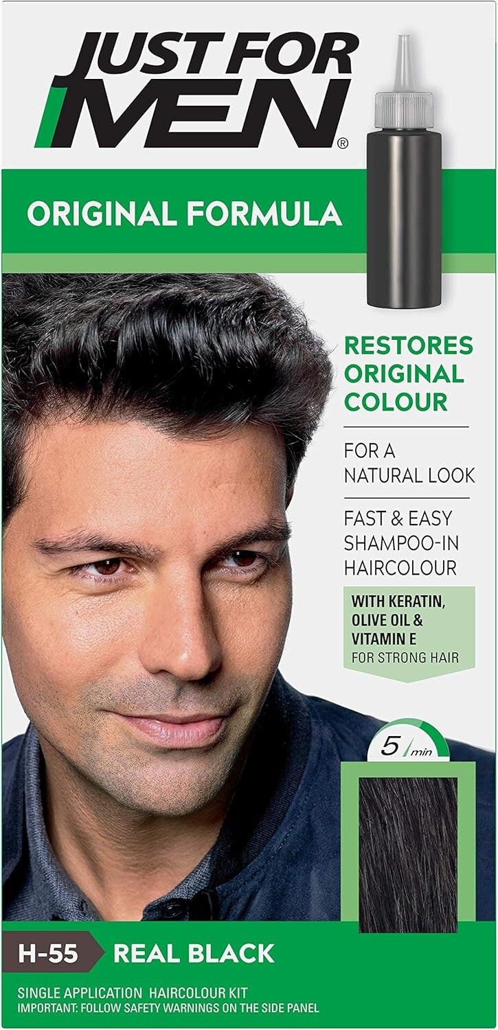 Just For Men Hair Colouring Kit H-55 Real Black, Men’s Grey Hair Colour, Pack of 2