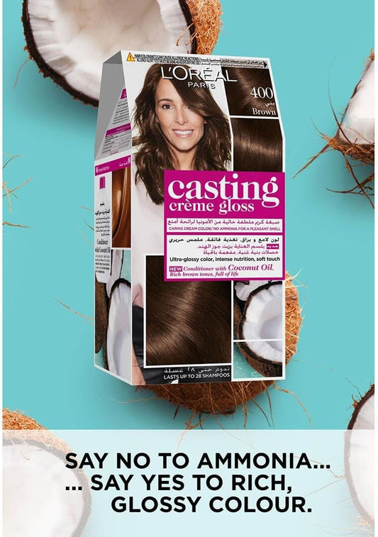 L’Oréal Paris Casting Crème Gloss Conditioning Hair Colour, 400 Brown, Ammonia-Free, with Coconut Oil